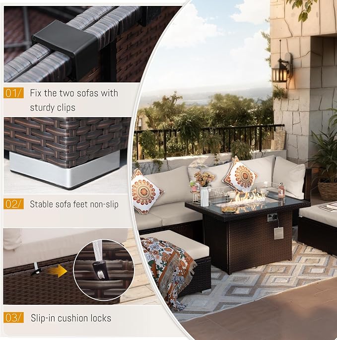 BULEXYARD 9 Pcs High Back Outdoor Sectional Set with Firepit Table, High-End Patio Furniture Seating Set, Big Oversized Wide Deep Modular 8-Seater Couch Sofa for Backyard, Brown Wicker & Beige Cushion