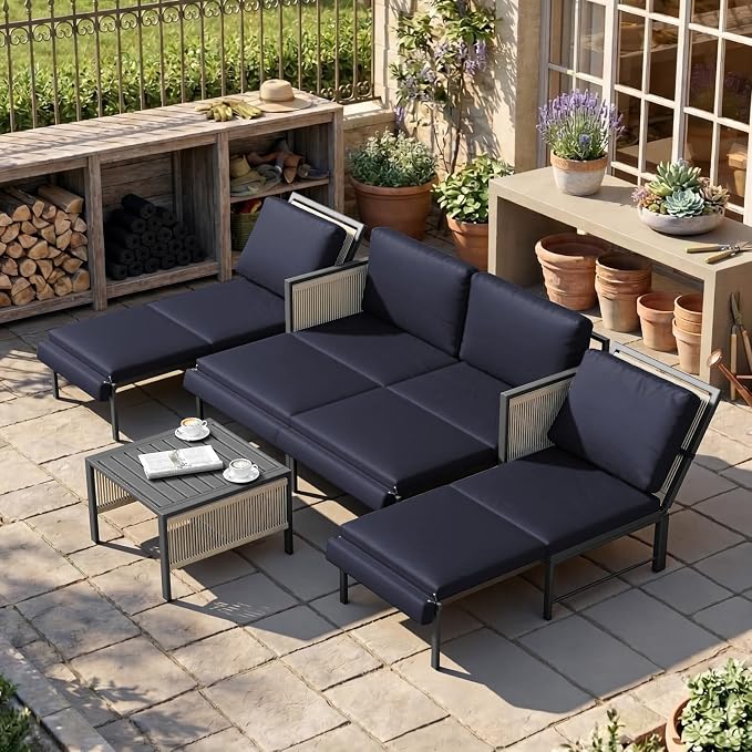 U-MAX Aluminum Patio Furniture Set 4 Seats Outdoor Sectional Couch with Coffee Central Table Patio Conversation Sets for Porch Deck (Dark Blue, with Retractable Sofa Couch and Single Sofa)