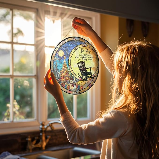 Personalized Memorial Stained Glass Suncatcher — “Forever in Our Hearts” Christmas Ornament, in Loving Memory Gift, Custom Photo Remembrance Keepsake for Loss of Loved One