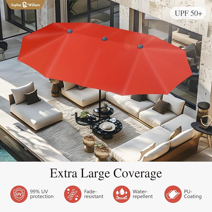 Sophia & William Patio Set with Umbrella Outdoor Dining Set for 6 with 13ft Umbrella Orange Red, 6 x Patio Chairs Grey, 1 Wood Like Outdoor Dining Table for Deck Lawn Garden (No Umbrella Base)