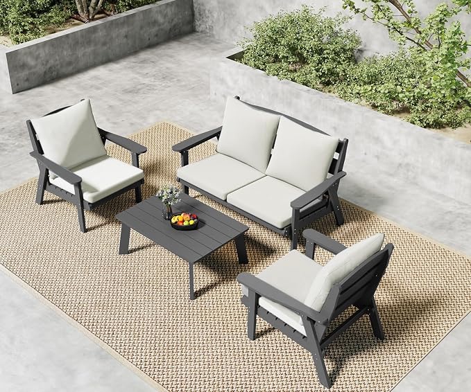 FOOWIN 4-Piece Patio Furniture Set, HDPE All-Weather Outdoor Conversation Set with Thick Cushions, Sectional Patio Sofa Furniture for Deck, Porch, Lawn, Garden, Grey Frame & White Cushion