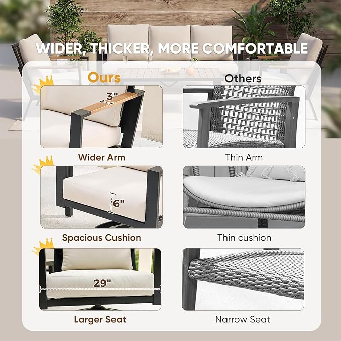 Natural Expression Patio Furniture Set, 4 Piece Metal Outdoor Conversation Set with 2 Swivel Rocker, 1 Loveseat, Handwoven Wicker Back & Fauxwood Tabletop, 3" Wide Arm with 6" Cushion for Porch, Yard