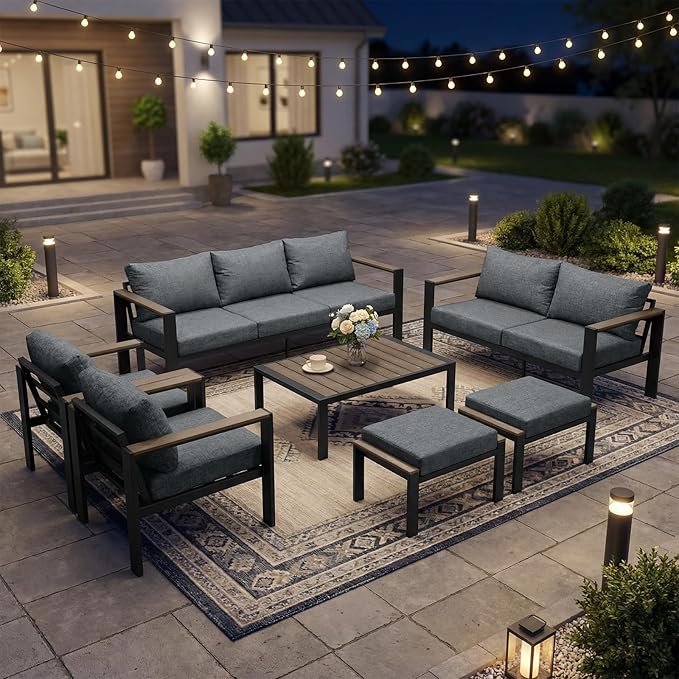 Patio Furniture Set 9 Seats and Coffee Table, 7 Pieces Patio Conversation Set with Thick Cushion, Ottomans, Deluxe Aluminum Modern Outside Sectional for Porch, Balcony, Deck, Yard, Light Gray