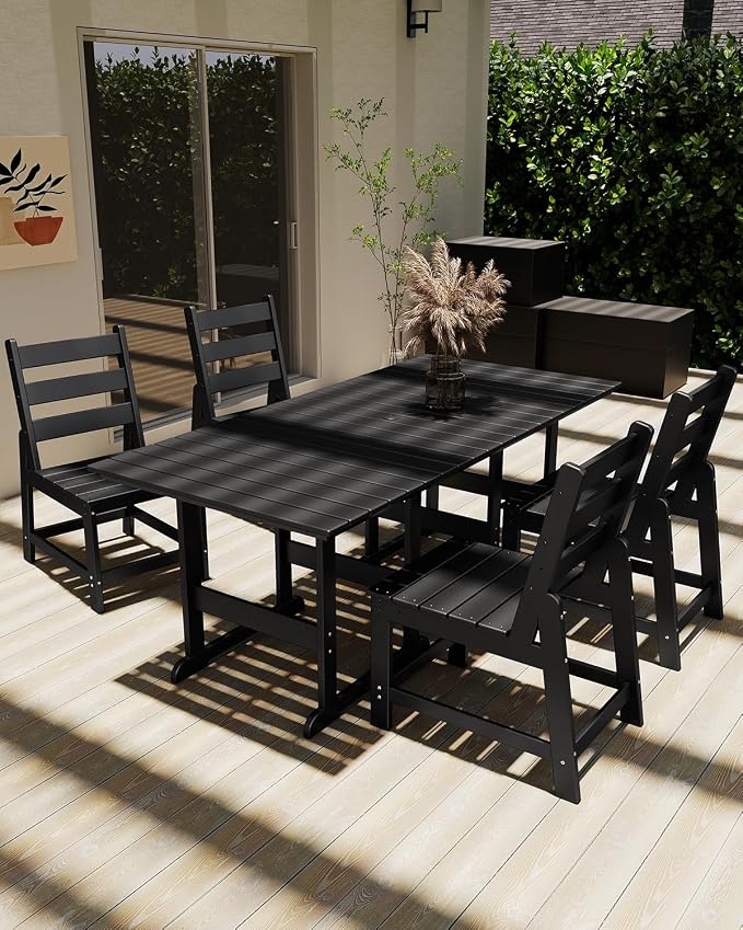 GREENVINES 5-Piece-Outdoor-Table-and-Chairs | HDPE | Patio Furniture | Slatted Dining Sets for 4 | Armless Chair | Connectable Tables | All Weather | for Backyard Poolside Garden | Black