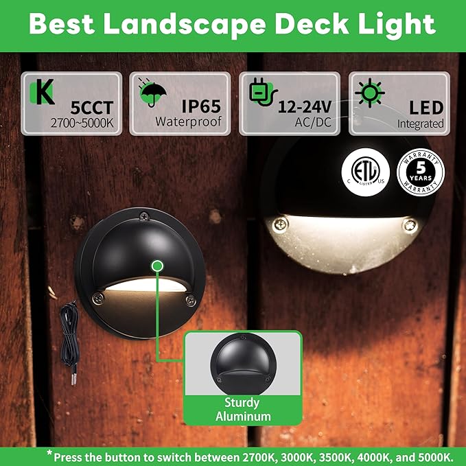 Low Voltage Deck Lights - 12V Landscape Step Lights Outdoor, 5 Color Temperature Dimmable, IP65 Waterproof Integrated Aluminum Lighting Black for Stair Yard Patio Fence 6 Pack