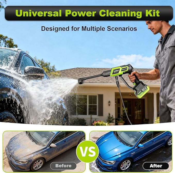 Cordless Portable Car Washer-Brushless Motor, 2X4000mAh Batteries & Fast Charger, 6-in-1 Nozzle, Extension Rod, 16.4FT Hose & Storage Case, Handheld Car Cleaning Tool for Car/Home/Patio & Garden