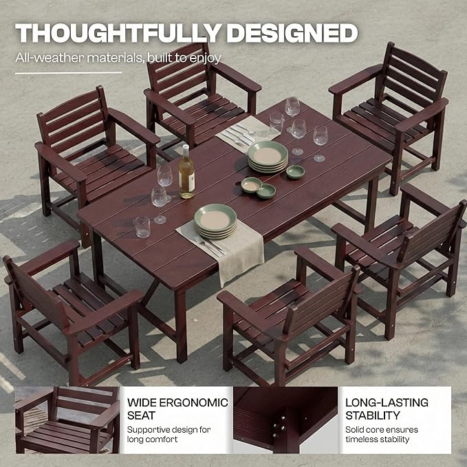 Outdoor HDPE Dining Set 7 Pieces, Patio Table with Umbrella Hole and 6 Chairs, All Weather Patio Furniture for Lawn, Garden, Backyard, Deck, Poolside, Outdoor Dining Table and Chairs, Coffee