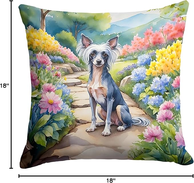 Caroline's Treasures Chinese Crested Spring Path Throw Pillow Machine Washable, Indoor Outdoor Decorative Pillow for Couch, Bed or Patio, 18Hx18W