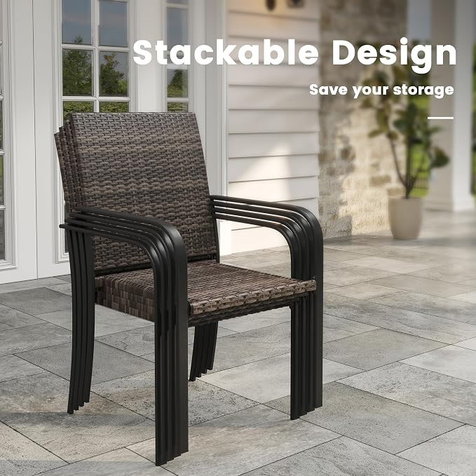 VICLLAX 8 Pieces Patio Dining Set with Blue Umbrella, 6 Stakable Wicker Outdoor Chairs and Patio Rectangular Table with Umbrella Hole for Backyard Lawn Deck, Black Tabletop