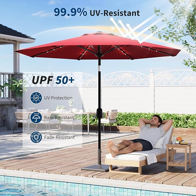 10 ft Patio Umbrella with Solar Lights, Outdoor LED Lighted Umbrella, 40 LED Lights & Tilt Crank, 8 Ribs for Poolside, Deck, Backyard