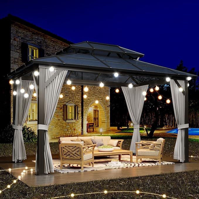 GAOMON 10'x13' Hardtop Gazebo, Outdoor Polycarbonate Double Roof Canopy, Aluminum Frame Permanent Pavilion with Curtains and Netting, Sunshade for Garden, Patio, Lawns, Gray