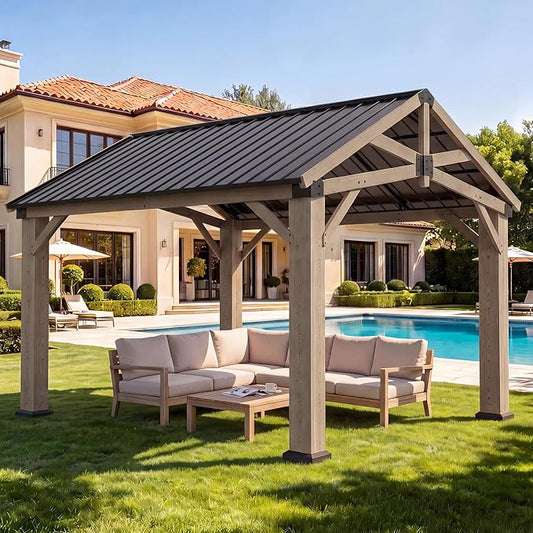Aoxun 10' x 12' Outdoor Wood Gazebo, Hardtop Gazebo Permanent Wooden Pavilion with Galvanized Steel Gable Roof, for Patio, Garden, Backyard, Cedar Wood
