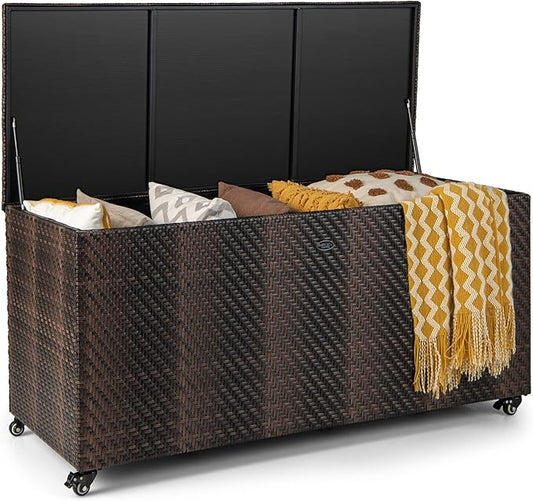 HAPPYGRILL Outdoor Rattan Deck Box, 96 Gallon PE Wicker Patio Storage Box with 4 Wheels and Liner, 2-in-1 Multifunctional Storage Box for Patio Furniture Cushions Garden Tools Pool Accessories