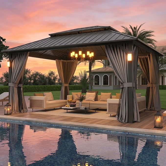 Aoxun 14'x10' Hardtop Gazebo with 4 LED Lights, Outdoor Gazebo with Galvanized Steel Double Roof, Patio Gazebo with Breathable Netting & Privacy Curtain, Decor Hooks for Backyard, Gray