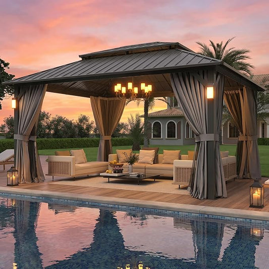 Aoxun 14'x10' Hardtop Gazebo with 4 LED Lights, Outdoor Gazebo with Galvanized Steel Double Roof, Patio Gazebo with Breathable Netting & Privacy Curtain, Decor Hooks for Backyard, Gray