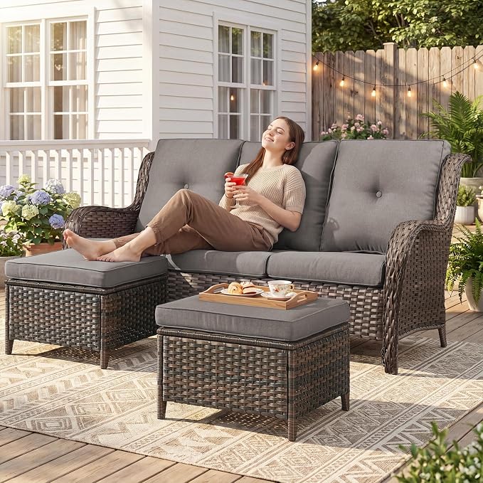 Belord 3-Piece PE Wicker Outdoor Sofa with 2 Ottomans, Luxury Patio Couch Convertible to Chaise Lounge, All-Weather High Back Deep Seat Woven Furniture for Deck, Porch - Brown/Grey