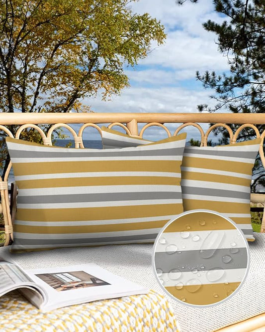 Outdoor Waterproof Pillow Covers for Patio Furniture Orange, Grey and White Stripes Decorative Throw Pillow Cover Farmhouse Stripe Pillowcases Set of 2 Cushion Case for Sofa Couch Chair 20 x 12 In