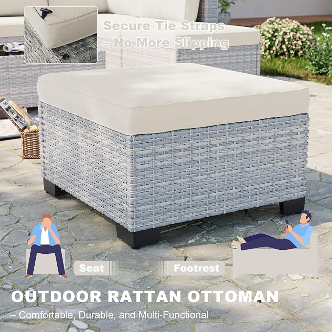 9-Piece Patio Furniture Set, Outdoor Sectional with Ottomans, Modular Patio Sofa, Dual-Strand Wicker Rattan, Rust-Resistant Frame, Backyard Furniture for Garden, Deck, Ivory