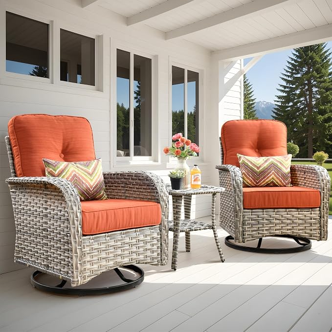 Outdoor Swivel Rocker Patio Chairs,Wicker Glider Swivel Rocking Chair Set of 2,Patio Rocking Swivel Chair Set with Rattan Side Table for Porch Deck Balcony Garden,Orange Red