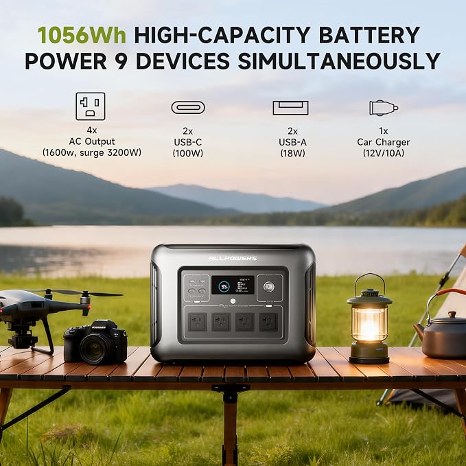 ALLPOWERS Solar Generator R1500 LITE with 100W Foldable Solar Panel,1056Wh Portable Power Station LiFePO4 (LFP) Battery,1600W AC/100W USB-C Output for Outdoor Camping,Travel,Hunting,and Power Outages
