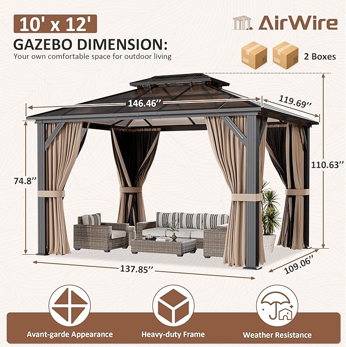 AirWire 10'x12' Hardtop Gazebo, Outdoor Polycarbonate Roof Canopy, Aluminum Frame Permanent Pavilion with Curtains and Netting, Sunshade for Garden, Patio, Lawns