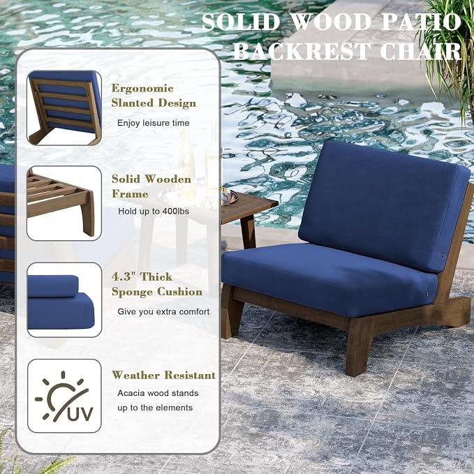 3 Piece Wood Outdoor Chairs Patio Bistro Set with Side Table, All Weather Outdoor Furniture Patio Sofa Chair Backyard Seating Group - Navy