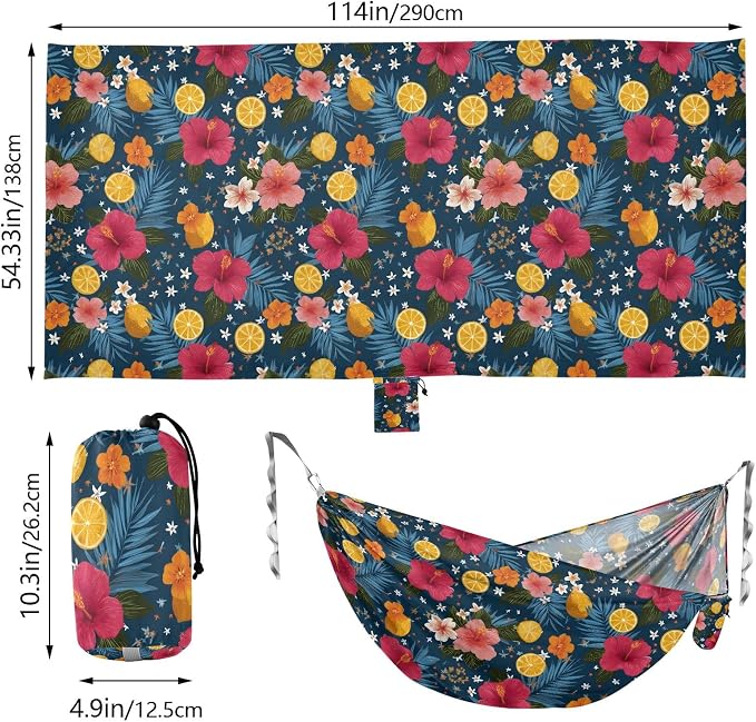 Camping Hammock Outdoor Hammocks for Outside Hibiscus Flower Lemon Beach Trees Portable Lightweight with Pockets Tree Straps Indoor