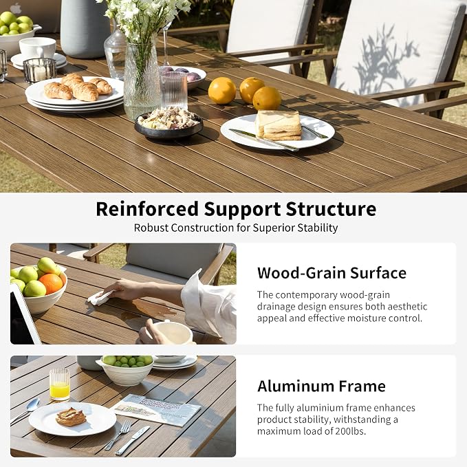 9 Pieces Patio Dining Set for 8, Aluminum Outdoor Dining Table Sets with Umbrella Hole, Modern Outdoor Furniture Set with 2 Swivel Chairs, 6 Dining Chairs and Table for Backyard Poolside,Teak