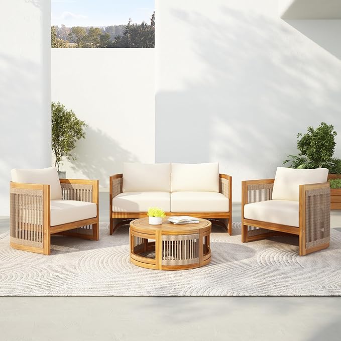 JIVOIT Acacia Wood Outdoor Furniture Set, 4-Piece Patio Seating Group with 2 Chairs, Loveseat & Coffee Table, Curved Tub Design with Woven Rope Accents, Water-Resistant Cushions (Beige,Teak//51)