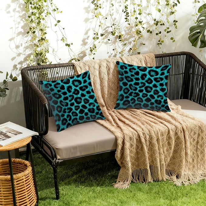 16x16 Inch Outdoor Pillow Covers Set of 2 Waterproof Throw Pillow Covers Decorative Couch Cushion Covers Leopard Skin Turquoise Square Pillowcases Protectors for Patio Garden Sofa