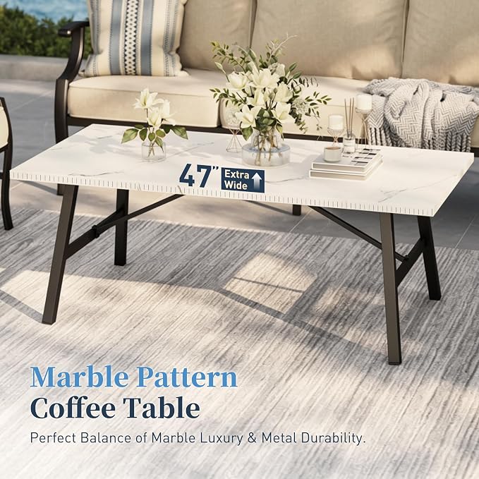SUNSHINE VALLEY Patio Furniture Set, 4 Piece Modern Metal Outdoor Patio Furniture, 3 Seater Couch, 2 Fixed Chairs, Coffee Table and 5.75" Extra Thick Cushion, Patio Conversation Set for Backyard Deck