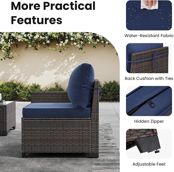 Soohow 6-Piece Patio Furniture Set All-Weather Outdoor Wicker Sectional Conversation Set with Cushion and Glass Table for Garden, Porch, Backyard, Navy Blue Cushions