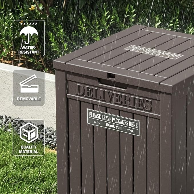Package Delivery Box for Outside With Sign, Lockable Outdoor Storage Box Waterproof Deck Box, Large Double Wall Resin Parcel Drop Boxes, 48 Gallon, Brown