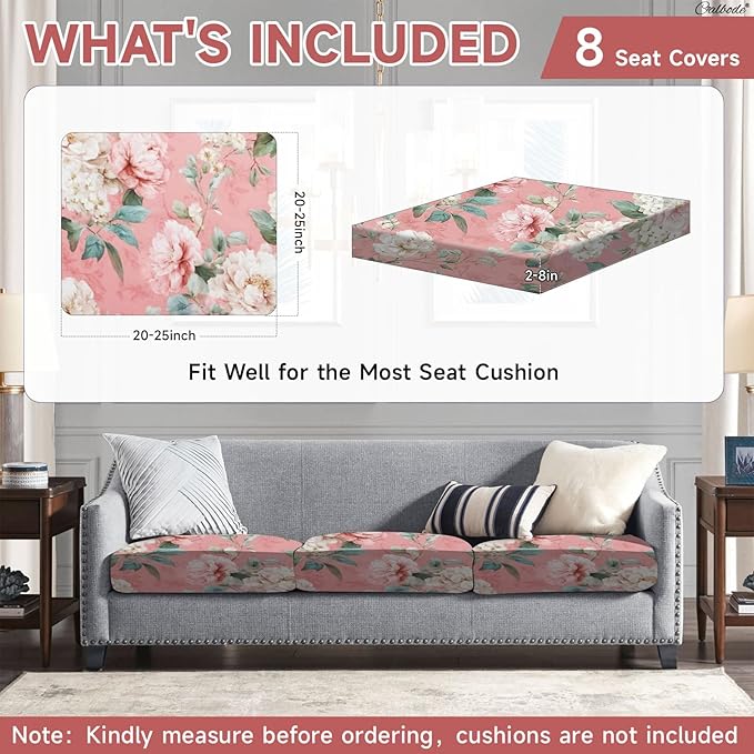 CALBODE 8 Pcs Stretch Outdoor Seat Cushion Covers, Washable Chair Seat Cover for Patio Furniture Cushions Soft Indoor and Outdoor Couch Cover Replacement (Pink Blooming, Cover Only)