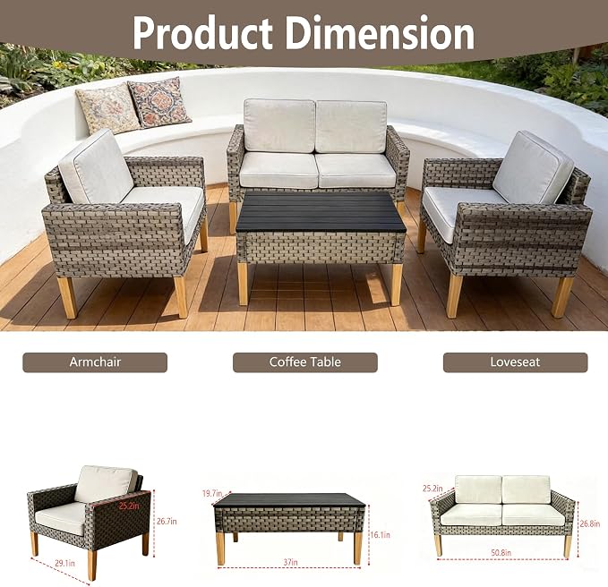 DECMICO 4 Piece Rattan Conversation Bistro Set, Outdoor Wicker Patio Furniture Set, All-Weather PE Rattan Chairs with Cushions for Backyard, Balcony, Garden, Beige