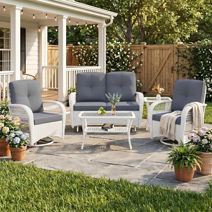 VIVIJASON 5-Piece Outdoor Patio White Wicker Conversation Sets, All Weather Outdoor Rattan Furniture Set Includes Glider Loveseat, 2 Coffee Table, 2 Swivel-Gliders Chairs with Cushions, Grey