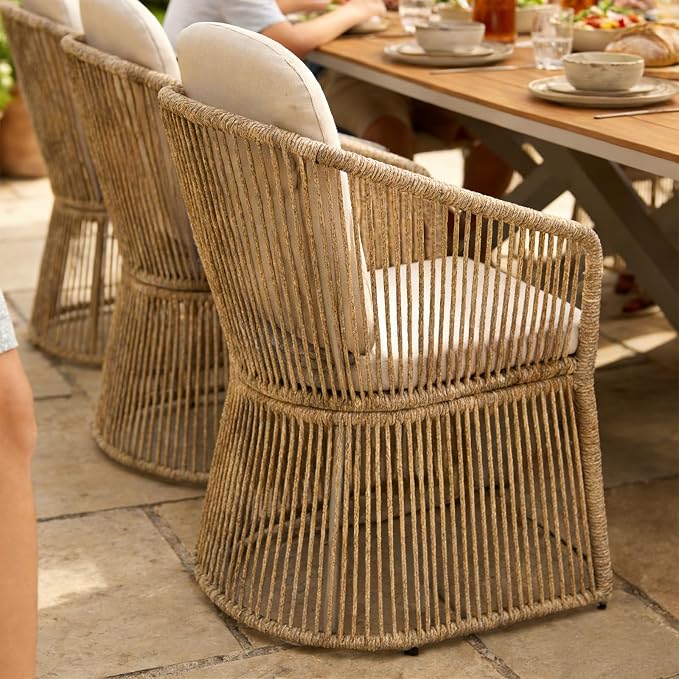 SUNSITT 7 Piece Outdoor Patio Dining Set, Patio Dining Furniture Set with 87” Aluminum Dining Table w/X Base Legs and 6 Woven Wicker Outdoor Patio Chairs w/Curved Armrest for Garden, Beige