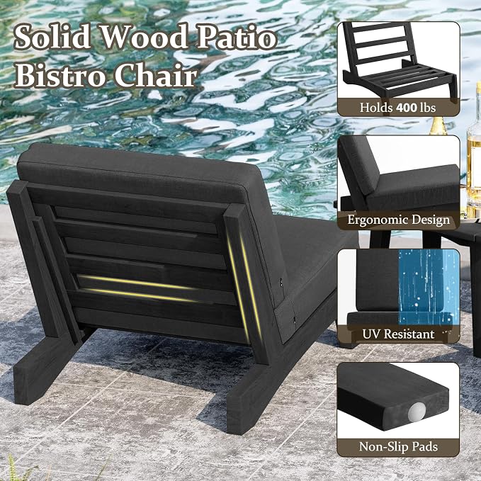Pia Ricoo 3 Piece Patio Bistro Set with Patio Chairs and Table, Heavy Duty Wood Patio Furniture Set, All-Weather Outdoor Chairs for Balcony, Deck, Poolside, Porch - Dark Gray/Dark