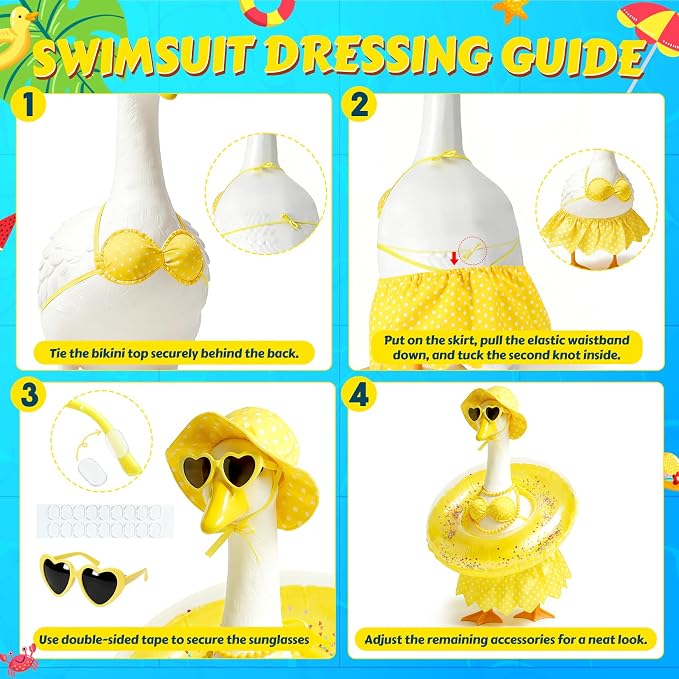 Hawaiian Porch Goose Outfit - Fits 23" Plastic Goose Statue | Yellow Bikini, Swimming Ring, Heart Glasses & Necklace Set - Summer Goose clothes for Lawn, Yard, Garden Decor