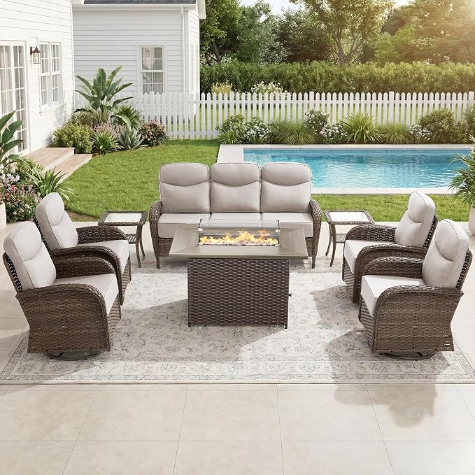 High Back Luxury Patio Furniture Set with 41"Fire Pit Table, 6-Inch Cushion Swivel Rocker Patio Chairs Set of 4 with Outdoor Couch, 8 Piece Wicker Conversation Set for Deck Yard Garden Balcony