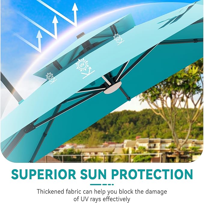 10x13 FT Cantilever Patio Umbrella with Led Lights Double Top Outdoor Rectangular Large Heavy Duty Aluminum Offset Umbrellas with 7 Level Tilt 360-degree Rotation for Pool Garden Deck, Turquoise