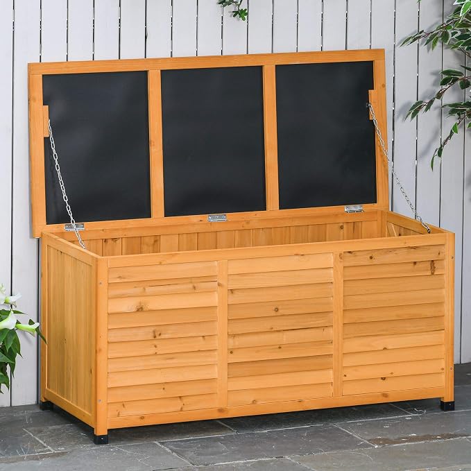 Wooden Deck Box, 75 Gallon Yellow Outdoor Storage Container with Aerating Gap, Weather-Resistant Finish for Patio Cushions Garden Tools Backyard Organizer
