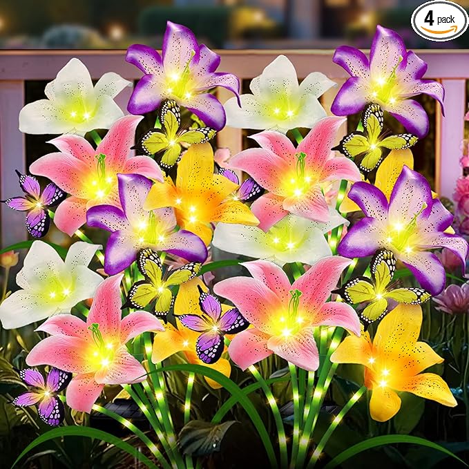 Solar Garden Lights 4 Pack 16 Lily Flowers with Butterfly Decor, Gifts for Mom Woman Mothers Day Birthday Solar Flower Lights for Outside - Decorative Lilies for Yard, Patio, Pathway