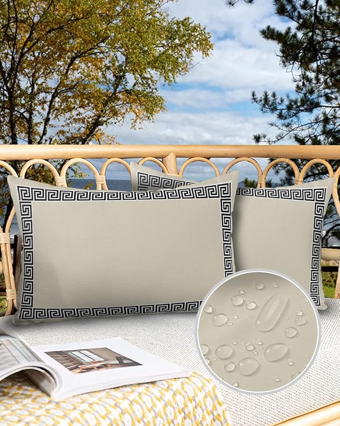 Prime Leader Outdoor Waterproof Pillow Covers Set of 2, Chinese Style Pattern Khaki Background Patio Throw Pillow Covers, Decorative Cushion Case for Couch Sofa Furniture Garden, 20x12 Inch