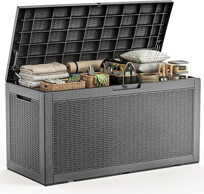 120 Gallon Outdoor Waterproof Resin Storage Deck Box Lockable Outside Bench UV Resistant Bin Patio Porch Furniture Pool Float Garden Tool Cushion Black