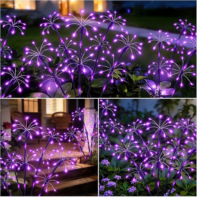 Solar Garden Lights Outdoor, 4 Pack 2-Layer Purple Solar Firework Lights | Purple Halloween Decoration, Waterproof Starburst Fairy Light Garden Decor for Christmas Yard Patio Pathway Lawn