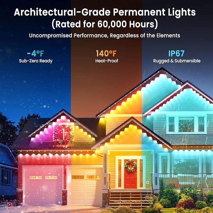 Smart Permanent Outdoor Lights for House, 100ft with 60 RGB Permanent Christmas Lights, P67 Waterproof with DIY Scene for Halloween Christmas Decor, Remote Control, Work with Alexa,Google Assistant
