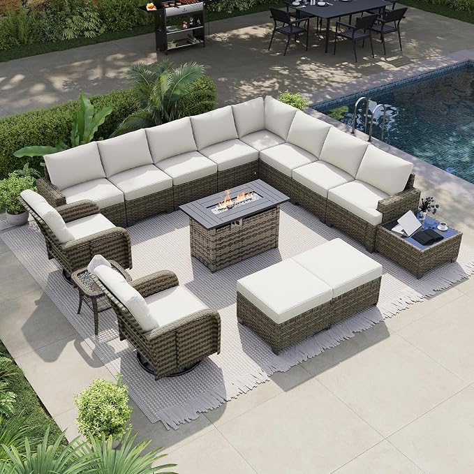 LazySunsets Luxury Patio Furniture Set with Fire Pit Table, All-Weather Patio Sectional Sofas with Thickened Cushions, 15 Piece Outdoor Furniture Set with Swivel Rocker Chairs & Ottomans, Beige