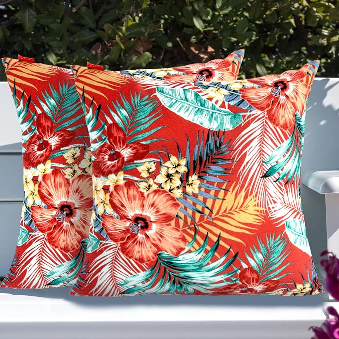 Throw Pillow with Insert, Set of 2, Outdoor Indoor Waterproof Decorative Patio Throw Pillow 18x18 Inch, Square Cushion for Couch Sofa Garden Farmhouse Decoration-Chili Red Floral