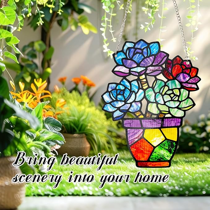 Plant Suncatcher Glass, Stained Glass Suncatcher Plant Window Hanging, Unique Nature Lover Gifts Leaf Idea (Succulent)